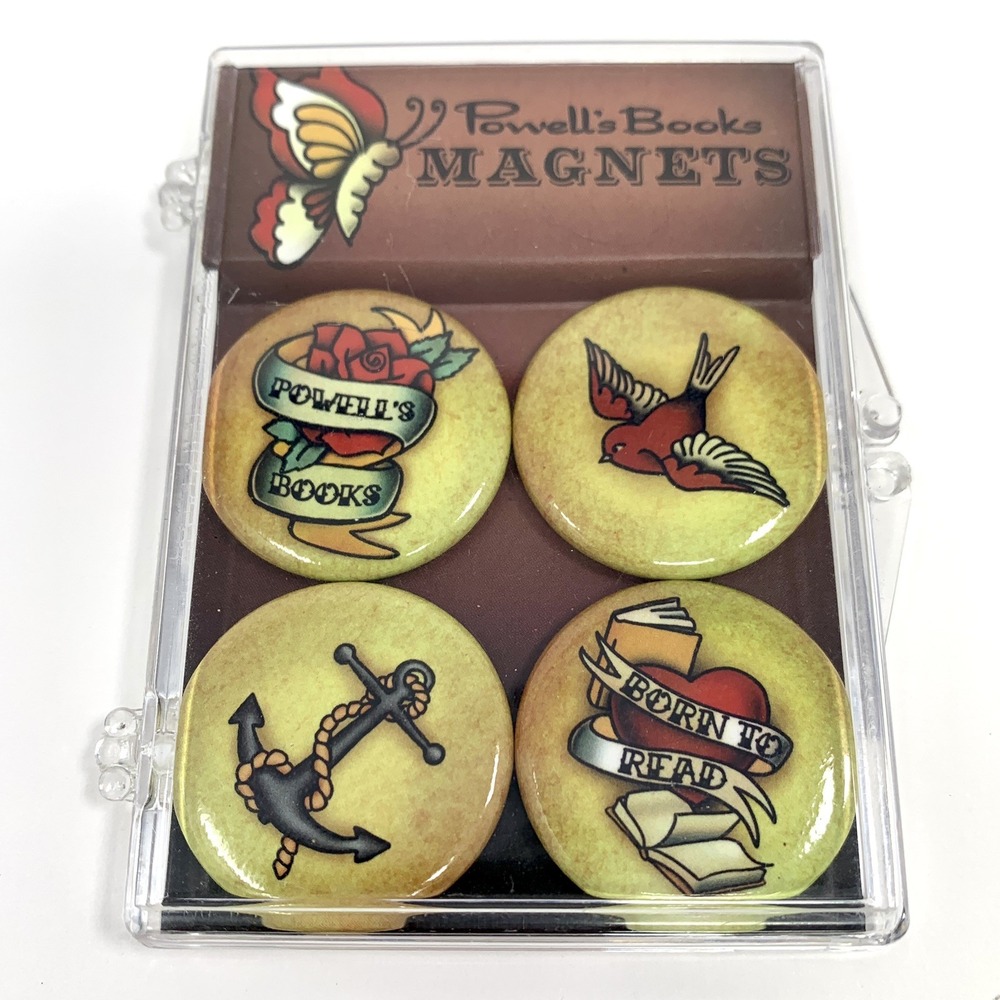 Set of 4 Powell's Books Fridge Magnets Tattoo Vintage Style Designs Round 1.25"